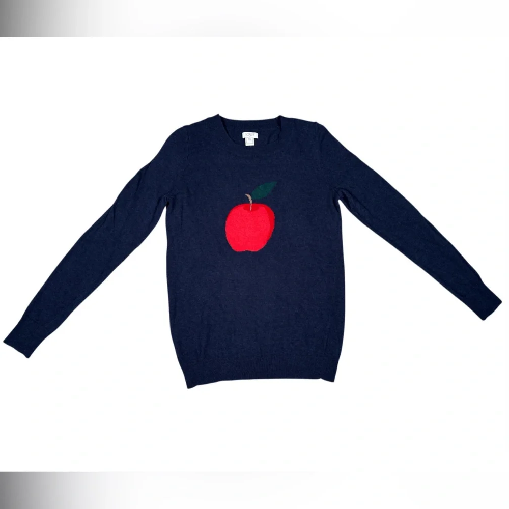 J. Crew Apple Print Teddie Navy Crew Neck Sweater Women’s Size XS